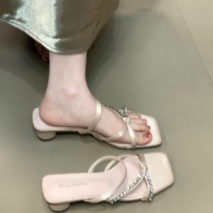 Women's Summer Slide Sandals with Thin Water Diamond Strap, French High-End Square Toe Open-Toe Slippers