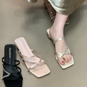 Women's Summer Slide Sandals with Thin Water Diamond Strap, French High-End Square Toe Open-Toe Slippers
