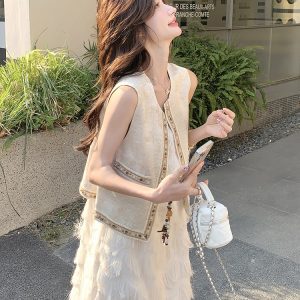 Women's Summer Two-Piece Set: Unique Vest with White Tassel Camisole Dress and Cake Long Skirt - Trendy and Stylish Outfit