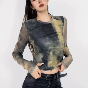 Women's Tie-Dye Mesh Long Sleeve T-Shirt - Sheer Slim Fit Streetwear Top for Hot Girls, Perfect for 90s & Y2K Fashion