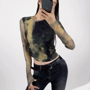 Women's Tie-Dye Mesh Long Sleeve T-Shirt - Sheer Slim Fit Streetwear Top for Hot Girls, Perfect for 90s & Y2K Fashion