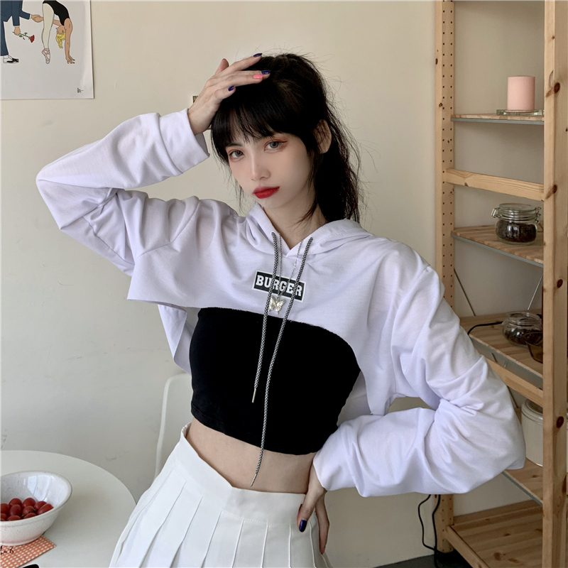 Women's Ultra-Short Hoodie for Jazz Street Dance, Trendy Hip Hop Long Sleeve Top for Spring and Autumn