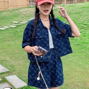 Women's Unique Denim Two-Piece Set, Chanel-Style, Short Sleeve Top & Shorts, Summer 2025 OOTD, Trendy Casual Outfit