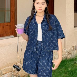 Women's Unique Denim Two-Piece Set, Chanel-Style, Short Sleeve Top & Shorts, Summer 2025 OOTD, Trendy Casual Outfit