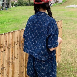 Women's Unique Denim Two-Piece Set, Chanel-Style, Short Sleeve Top & Shorts, Summer 2025 OOTD, Trendy Casual Outfit