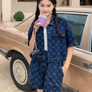 Women's Unique Denim Two-Piece Set, Chanel-Style, Short Sleeve Top & Shorts, Summer 2025 OOTD, Trendy Casual Outfit