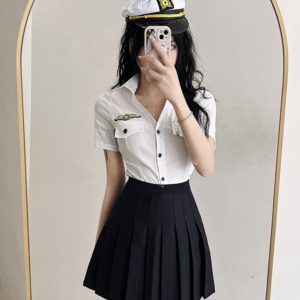 Women's V-Neck Fitted White Shirt and Pleated Skirt Set - Stylish Uniform for Hotel and Spa Technicians, Chic Workwear Outfit