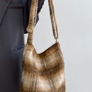 Women's Versatile Plaid Woolen Canvas Tote Bag - Spring Summer Melard Plush Handbag for Everyday Style