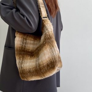 Women's Versatile Plaid Woolen Canvas Tote Bag - Spring Summer Melard Plush Handbag for Everyday Style
