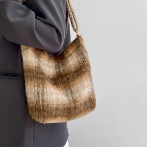 Women's Versatile Plaid Woolen Canvas Tote Bag - Spring Summer Melard Plush Handbag for Everyday Style