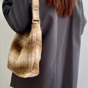 Women's Versatile Plaid Woolen Canvas Tote Bag - Spring Summer Melard Plush Handbag for Everyday Style