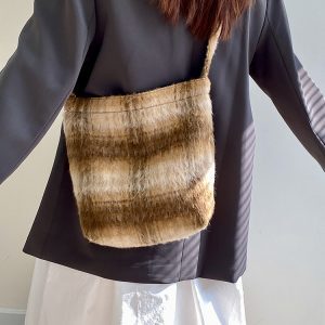 Women's Versatile Plaid Woolen Canvas Tote Bag - Spring Summer Melard Plush Handbag for Everyday Style