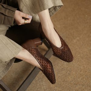 Women's Vintage Round Toe Chunky Mid-Heel Slip-On Sandals - Genuine Leather Hollow Mesh Design for Spring/Summer 2025