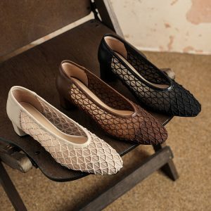 Women's Vintage Round Toe Chunky Mid-Heel Slip-On Sandals - Genuine Leather Hollow Mesh Design for Spring/Summer 2025