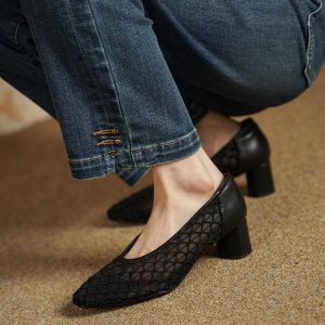 Women's Vintage Round Toe Chunky Mid-Heel Slip-On Sandals - Genuine Leather Hollow Mesh Design for Spring/Summer 2025