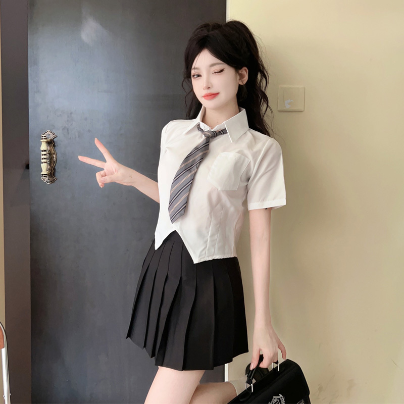 Women's Waist-Cinching Slim Fit Short Sleeve White Shirt and Pleated Skirt Uniform Set for Beauty Salon and Club Staff