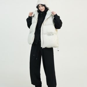 Women's White Duck Down Sleeveless Vest Jacket - Solid Color, Stand Collar, Loose Fit, Versatile Autumn Winter Outerwear, Korean Style
