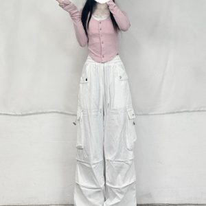 Women's White Jazz Dance Overalls - Spicy Girl Loose Wide-Leg Pants for Casual Dance - Y2K Style
