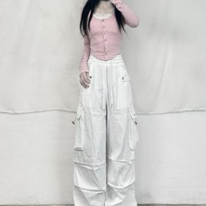 Women's White Jazz Dance Overalls - Spicy Girl Loose Wide-Leg Pants for Casual Dance - Y2K Style