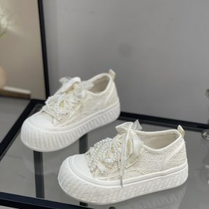 Women’s White Lace Mesh Genuine Leather Sneakers - Trendy Cute Big Head Casual Shoes for Summer 2025, Y2K Style