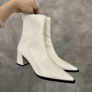 Women's White Pointed Toe Ankle Boots - 2024 Autumn Winter High Heels, Plush, Versatile Slim Fit, Trendy Fashion Footwear