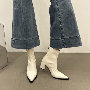 Women's White Pointed Toe Ankle Boots - 2024 Autumn Winter High Heels, Plush, Versatile Slim Fit, Trendy Fashion Footwear