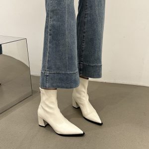 Women's White Pointed Toe Ankle Boots - 2024 Autumn Winter High Heels, Plush, Versatile Slim Fit, Trendy Fashion Footwear