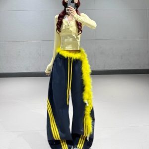 Women's Yellow Curved Knife Sweatpants with Three Stripes - Casual Loose Sports Pants, Versatile Long Pants for Dancing