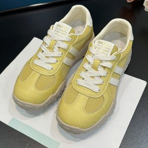 Women's Yellow Mesh Lace-Up Training Shoes - Breathable Thick-Soled Casual Sneakers for Summer 2025
