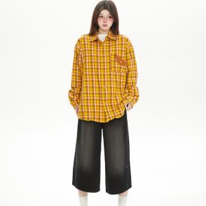 Women's Yellow Plaid Shirt Jacket - American Retro Street Style, 2025 Spring Loose BF Style, Trendy Fashion Essential