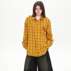 Women's Yellow Plaid Shirt Jacket - American Retro Street Style, 2025 Spring Loose BF Style, Trendy Fashion Essential