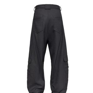 Wool Low-Crotch Plaid Work Trousers with Side Pockets - Long Banana Pants Style for a Trendy 90s Look