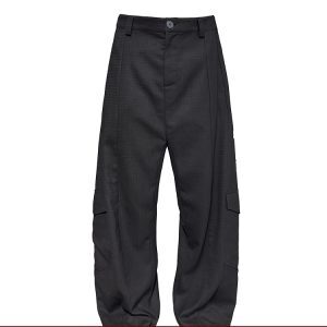 Wool Low-Crotch Plaid Work Trousers with Side Pockets - Long Banana Pants Style for a Trendy 90s Look