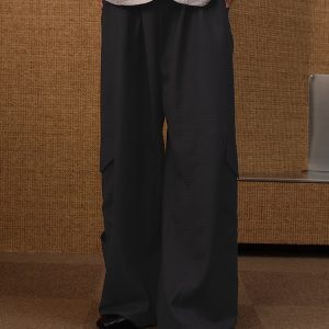 Wool Low-Crotch Plaid Work Trousers with Side Pockets - Long Banana Pants Style for a Trendy 90s Look