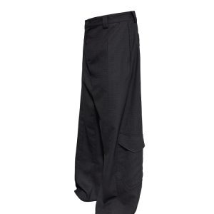 Wool Low-Crotch Plaid Work Trousers with Side Pockets - Long Banana Pants Style for a Trendy 90s Look