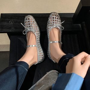Woven Hole Bow Ballet Flat Sandals - One-Strap Mary Jane Shoes for Women - Summer Fashion Footwear