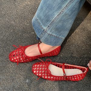 Woven Hole Bow Ballet Flat Sandals - One-Strap Mary Jane Shoes for Women - Summer Fashion Footwear
