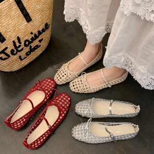 Woven Hole Bow Ballet Flat Sandals - One-Strap Mary Jane Shoes for Women - Summer Fashion Footwear