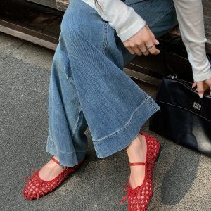 Woven Hole Bow Ballet Flat Sandals - One-Strap Mary Jane Shoes for Women - Summer Fashion Footwear