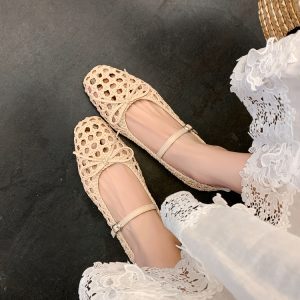 Woven Hole Bow Ballet Flat Sandals - One-Strap Mary Jane Shoes for Women - Summer Fashion Footwear