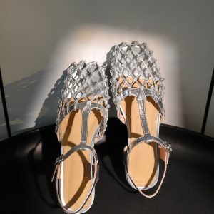 Woven Hollow Low-Heeled Roman Sandals for Women - Dreamcatcher Design, Summer Vacation Style, Gold Pig Cage Shoes