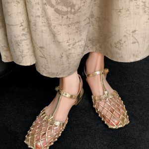 Woven Hollow Low-Heeled Roman Sandals for Women - Dreamcatcher Design, Summer Vacation Style, Gold Pig Cage Shoes