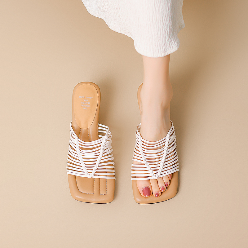 Woven Square Toe Open-Toe Slippers for Women - Summer Vacation Beach Slide Sandals in Casual Lazy Style