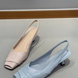 Wrinkled Soft Patent Leather Square-Toe Peep-Toe Back Strap Sandals Women's Kitten Heel Shallow Mouth Flats for Summer Style