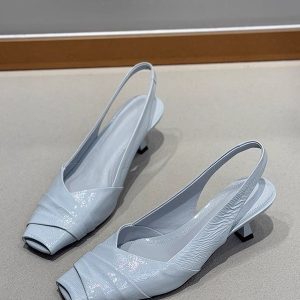 Wrinkled Soft Patent Leather Square-Toe Peep-Toe Back Strap Sandals Women's Kitten Heel Shallow Mouth Flats for Summer Style