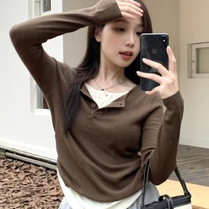 Y2K Abijazz Dance Short Top - Spicy Knitwear for K-Pop Music Festival, Trendy Fake Two-Piece Style