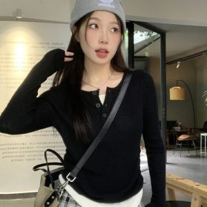 Y2K Abijazz Dance Short Top - Spicy Knitwear for K-Pop Music Festival, Trendy Fake Two-Piece Style