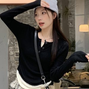 Y2K Abijazz Dance Short Top - Spicy Knitwear for K-Pop Music Festival, Trendy Fake Two-Piece Style