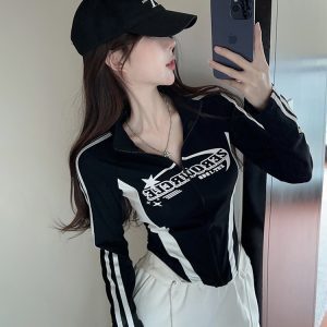 Y2K Aesthetic Fitted Jacket for Women - Autumn Winter Jazz Dance K-Pop Music Festival Outfit