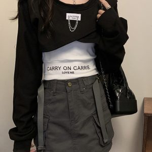 Y2K Aesthetic Jazz Dance Short Top Women's Two-Piece Outfit for Music Festivals - Trendy and Stylish Fashion Statement